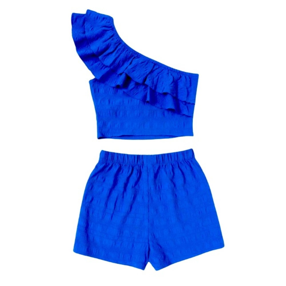 Woven Ruffle Layered One Shoulder Top And Shorts - Two-Piece Set